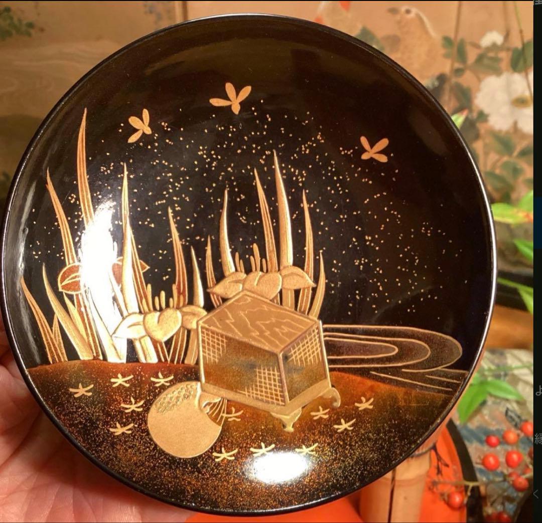 A1060 木製輪島塗　懐石道具　衝羽根に流水菖蒲　蒔絵　2客