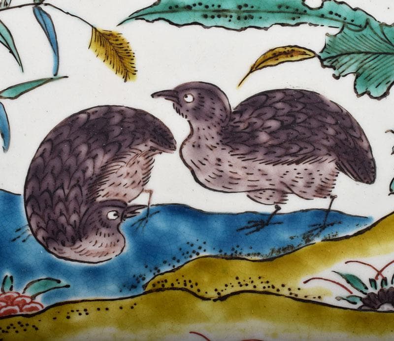 九谷焼　古九谷写　色絵草花図平鉢　飾皿　桐箱付　M　3904B