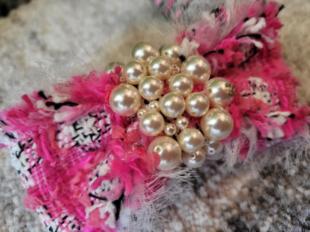 『CHANEL』シャネル　ピンク ツイード パール リボン バレッタ