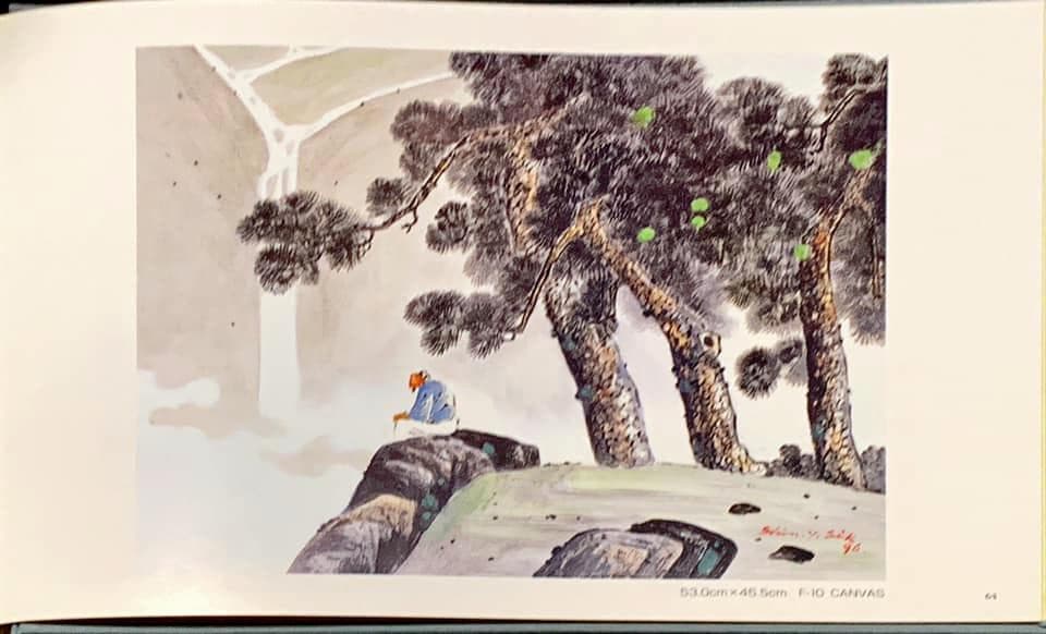 絵画　油絵（キャンバス）　「滝見の老人」　韓国人画家・申 英植　Ｆ１０号