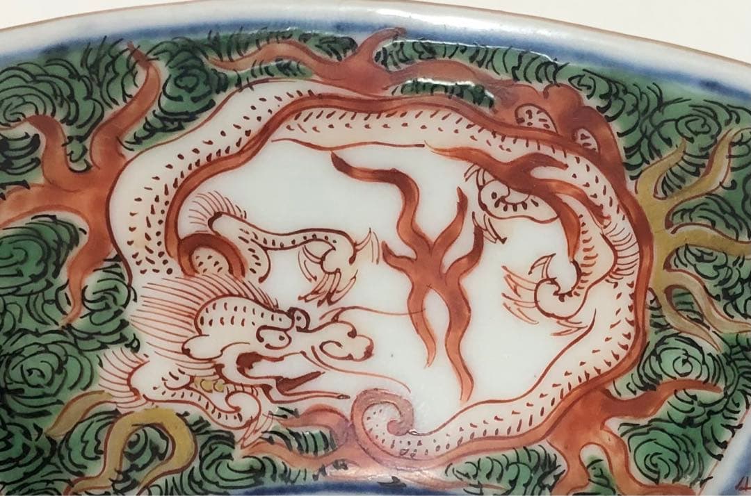 継続出品 江戸時代 有田焼 献上 古伊万里 色絵 団鳳凰雲龍文 木瓜型小鉢