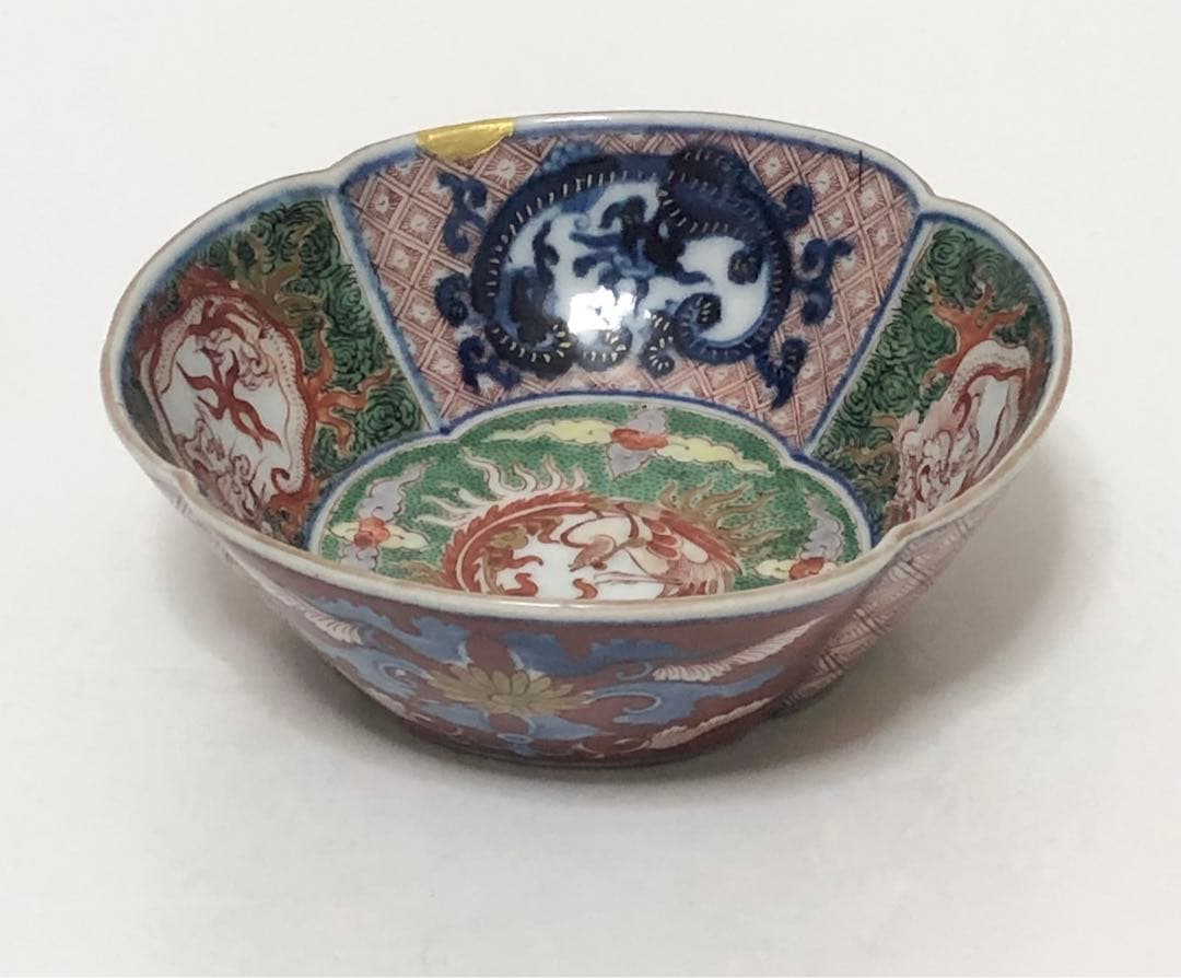 継続出品 江戸時代 有田焼 献上 古伊万里 色絵 団鳳凰雲龍文 木瓜型小鉢