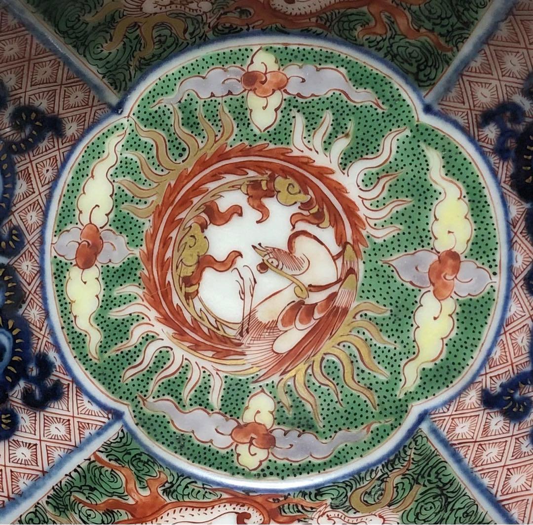 継続出品 江戸時代 有田焼 献上 古伊万里 色絵 団鳳凰雲龍文 木瓜型小鉢