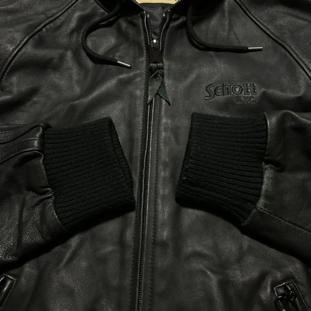 【美品】Schott ショット ラム レザージャケット トラックフーディー 黒