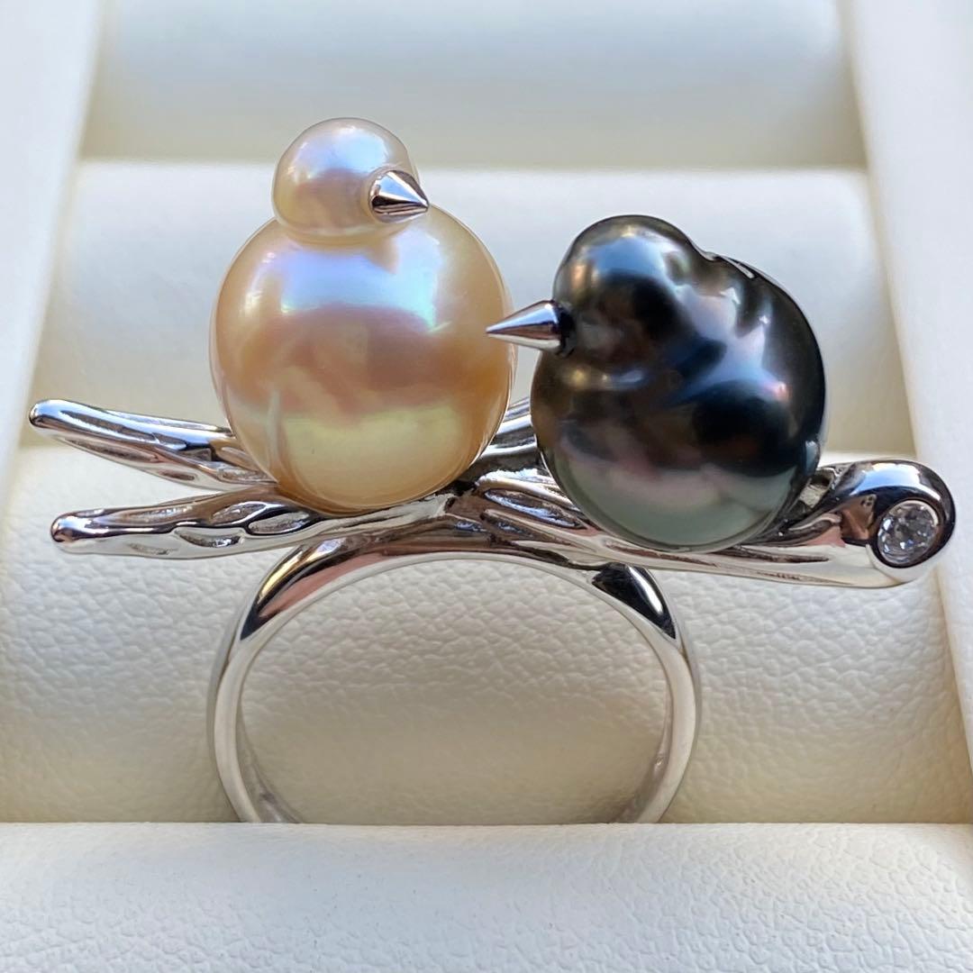 本真珠　南洋黒蝶真珠&白蝶真珠ダブルリング「鳥と枝」グリーンゴールドL1268