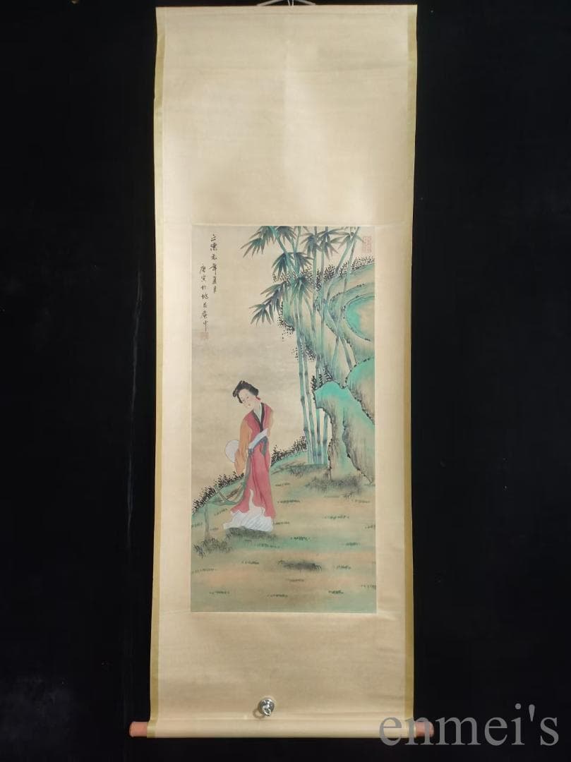 中国古美術.唐寅款.侍女図.宣紙画.三尺手描き.肉筆.絵画.書道.巻き物.旧蔵出
