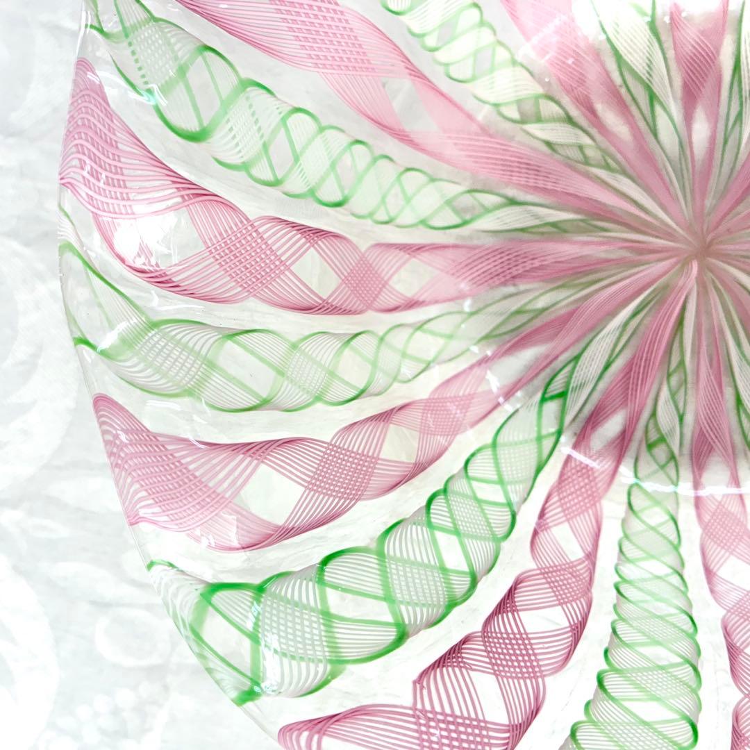 【希少】ベネチア　ムラーノ　バラリン工房　レースガラス　ボウル　ピンク　グリーン