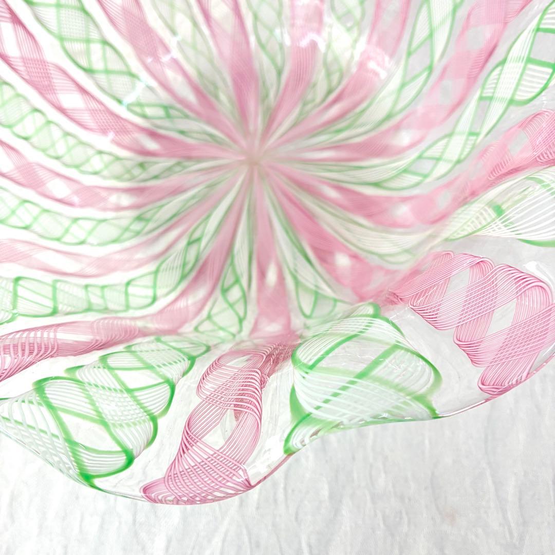 【希少】ベネチア　ムラーノ　バラリン工房　レースガラス　ボウル　ピンク　グリーン