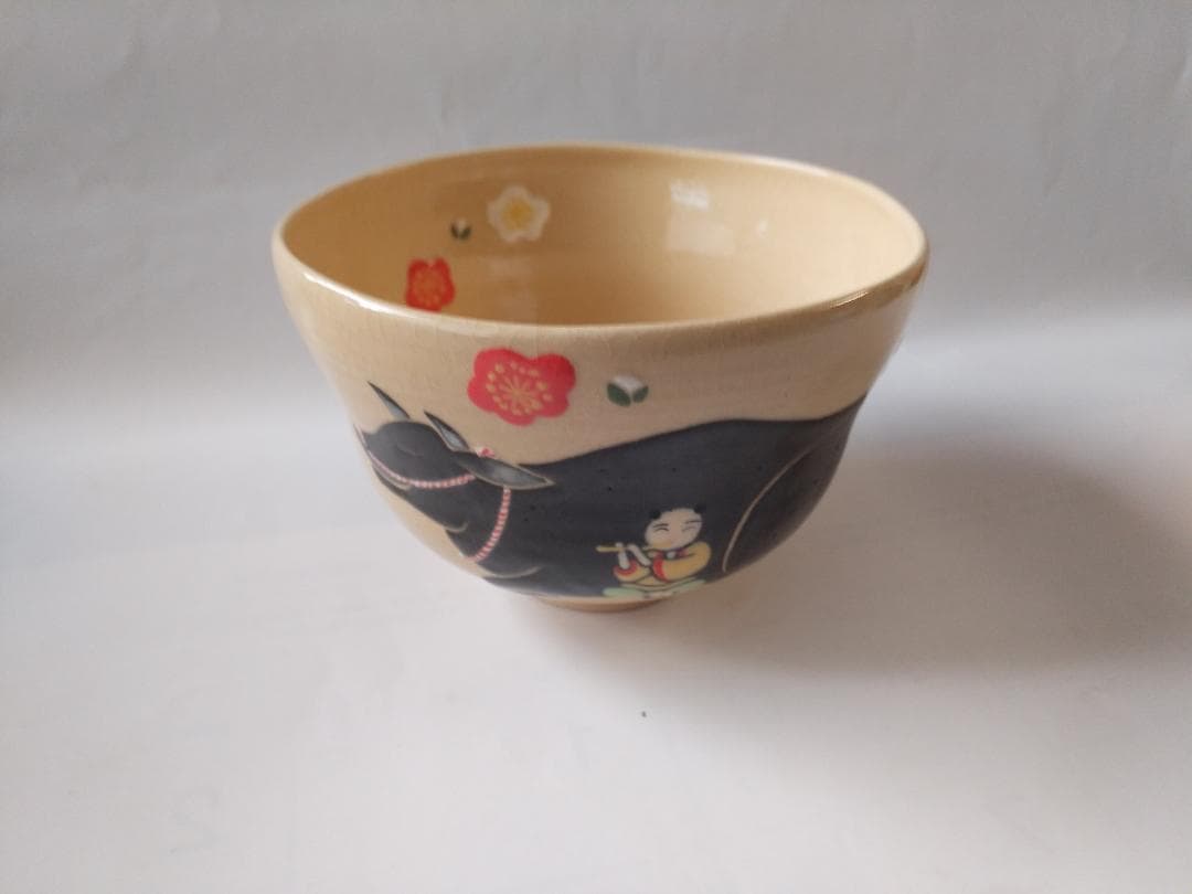 龍喜窯 今城美峰 作 色絵 牛と梅 茶碗 前大徳 橋本紹尚書付 共箱 共布 新品