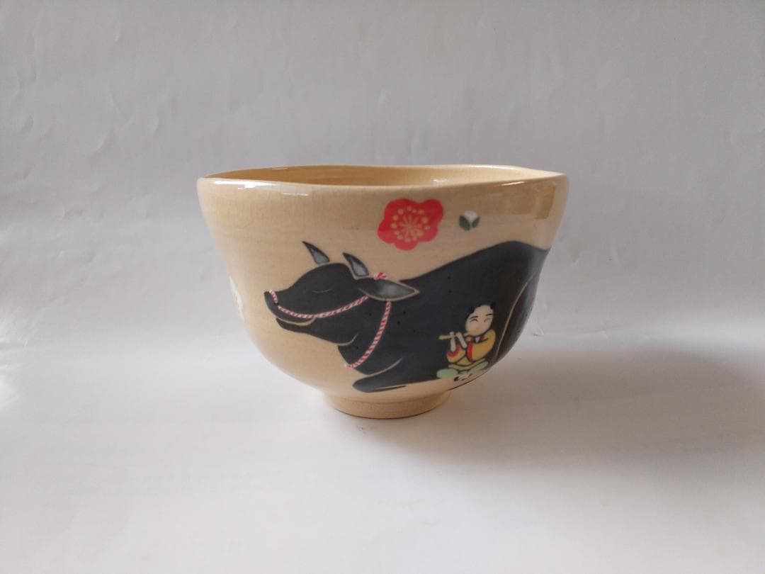 龍喜窯 今城美峰 作 色絵 牛と梅 茶碗 前大徳 橋本紹尚書付 共箱 共布 新品