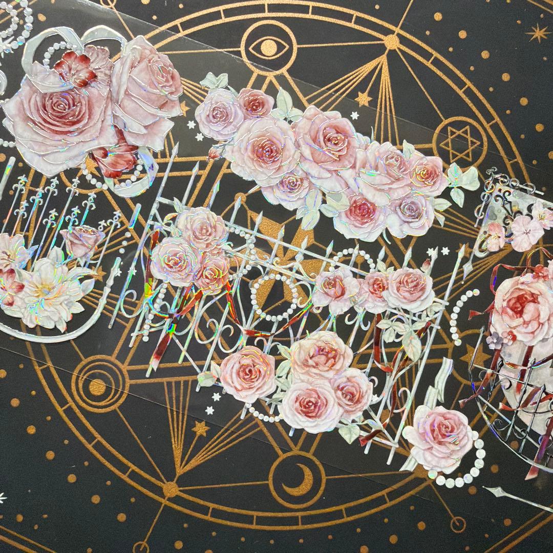 【8956】海外　マステ　中古巻　貝殻光マスキングテープ　バラ　ユリ　装飾系