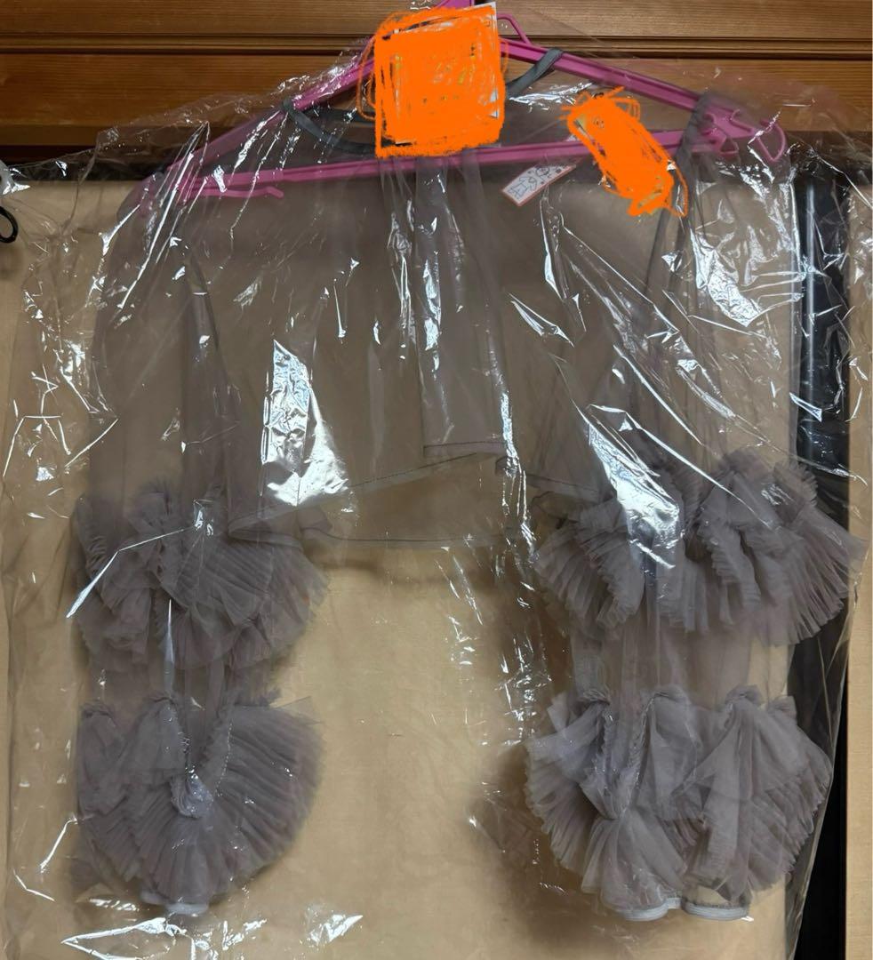 【Leja】フラワースパンコールチュールフリルスリーブIラインワンピースドレスS