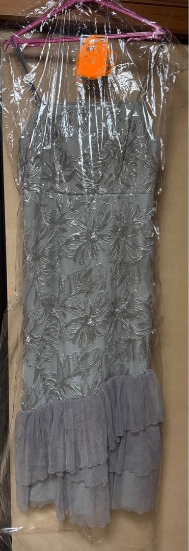 【Leja】フラワースパンコールチュールフリルスリーブIラインワンピースドレスS