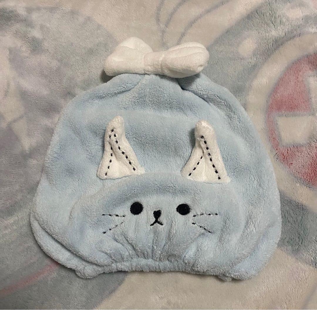 ドライヘアキャップ　キャット　ヘアタオル　吸水速乾　ヘアキャップ　猫　ブルー