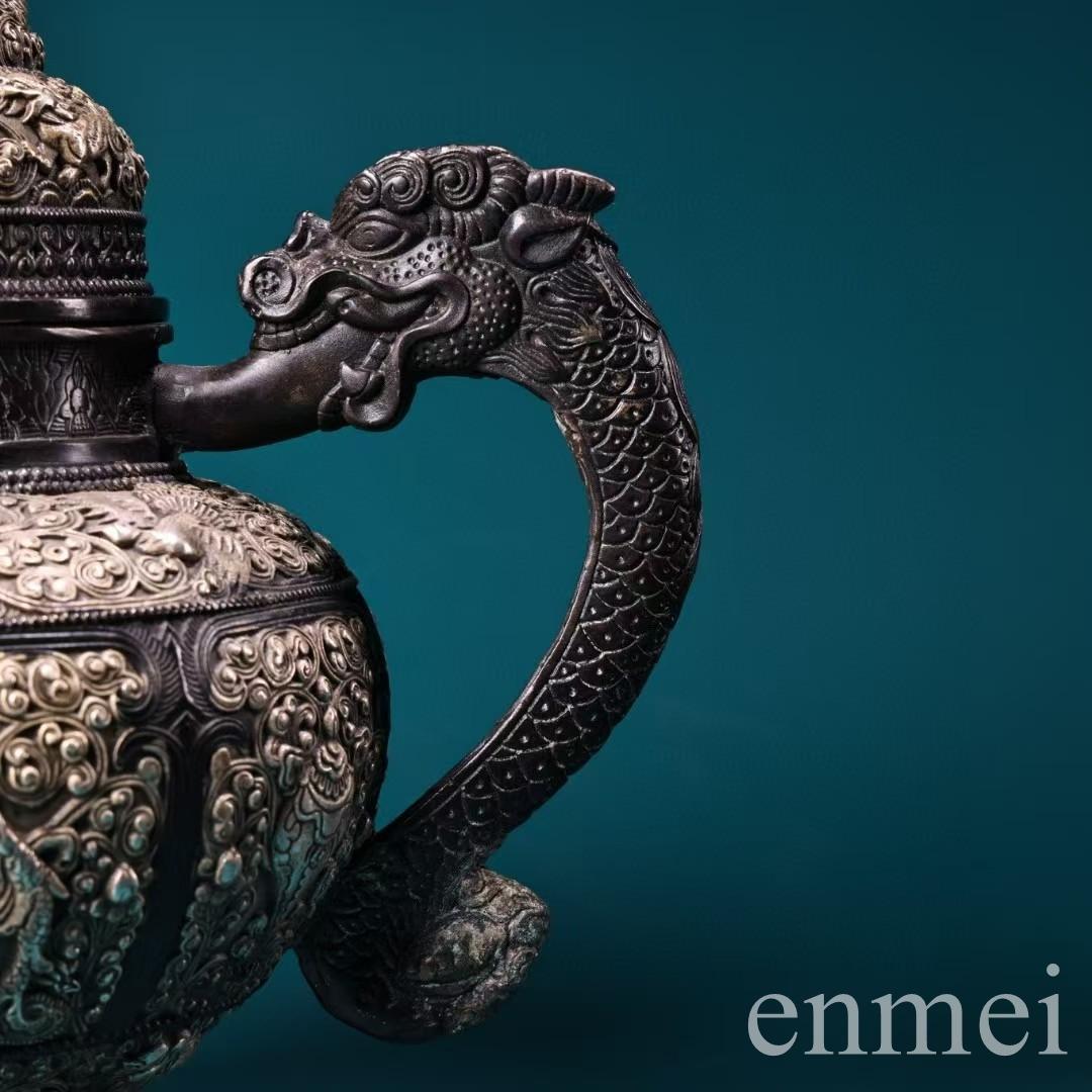 中国古美術・チベット収蔵・純銅鍍銀「吉祥八宝」バター茶壺・純手作り・急須・茶壺