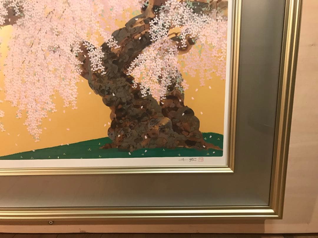 中島千波「春輝神田の大糸桜」シルクスクリーン　直筆サイン・落款・作品証明シール有