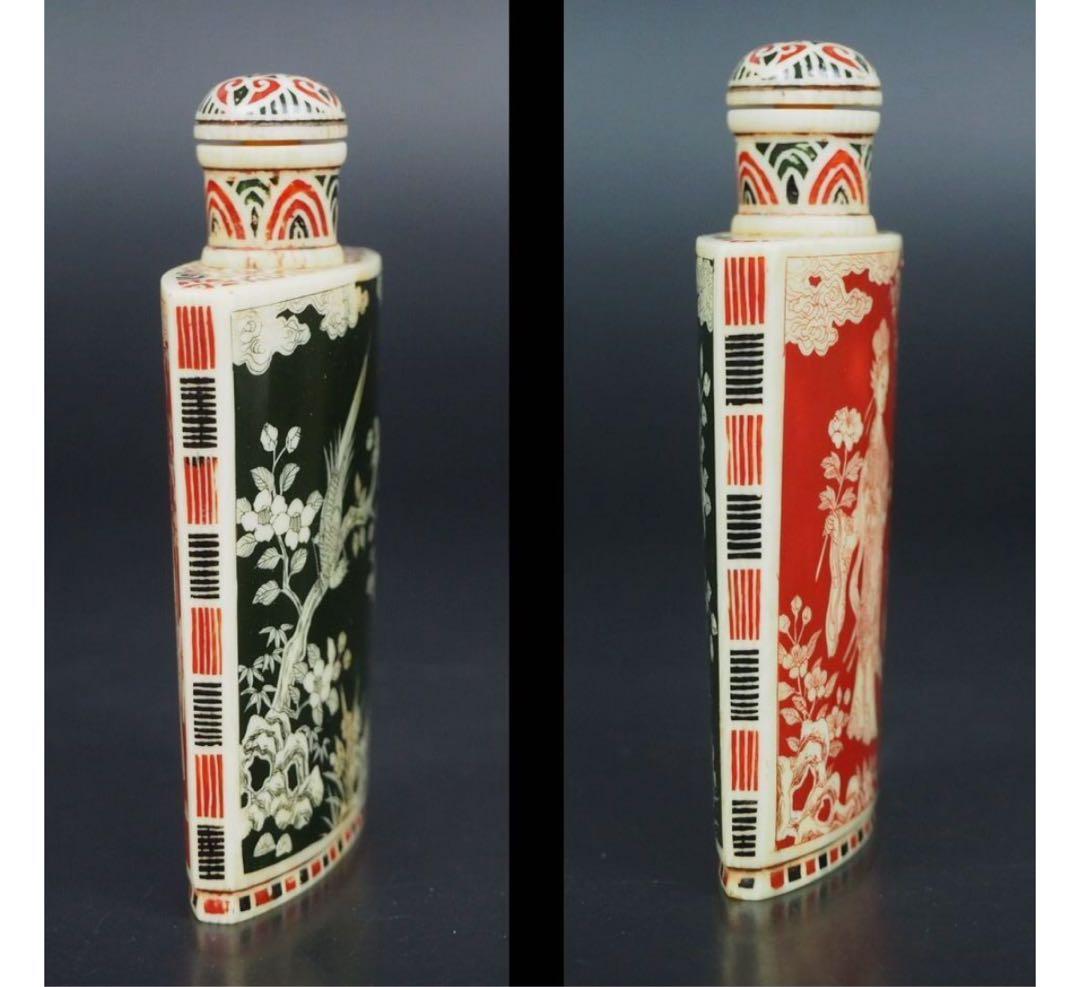 送料無料　『乾隆』款　細密彫　花鳥人物図鼻煙壺　72ｇ　中国古玩