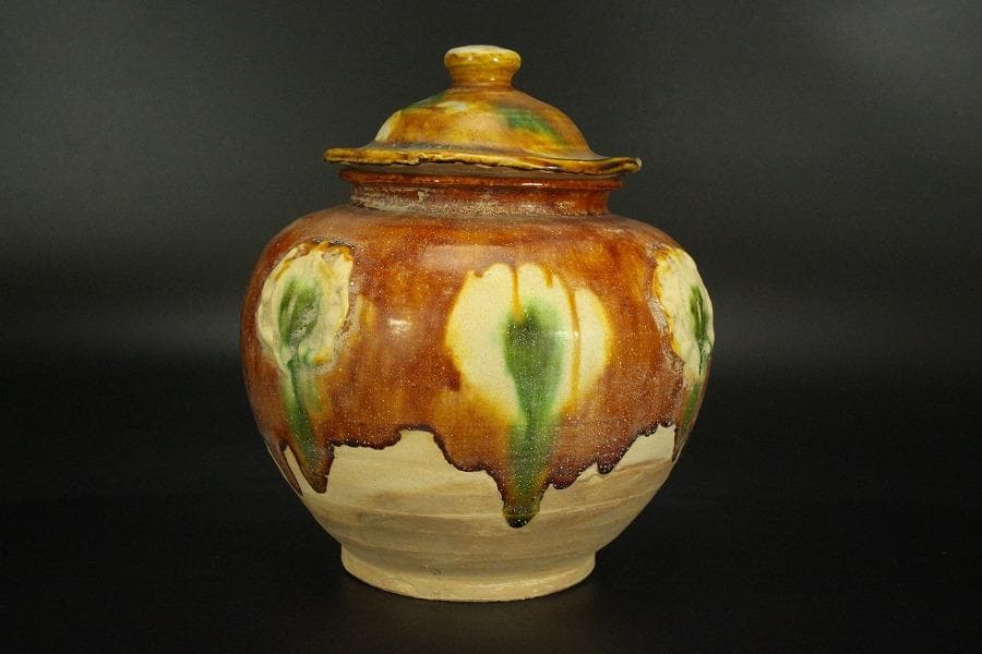 中国美術 唐三彩 蓋壷 高19cm(LC153)