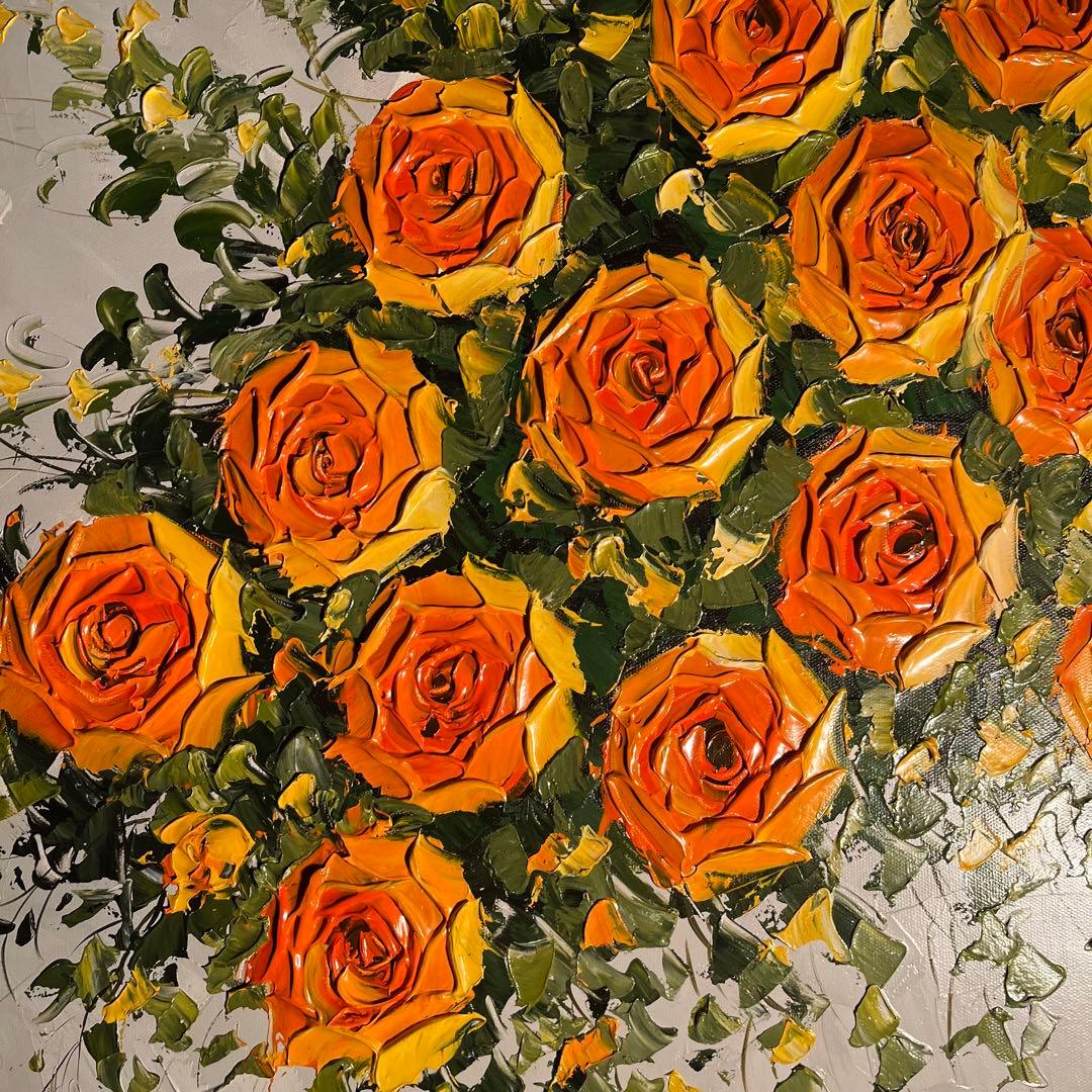 ★特大秀作★ 手書き油絵 イエローローズ 肉筆絵画 額付き インテリア 油彩画