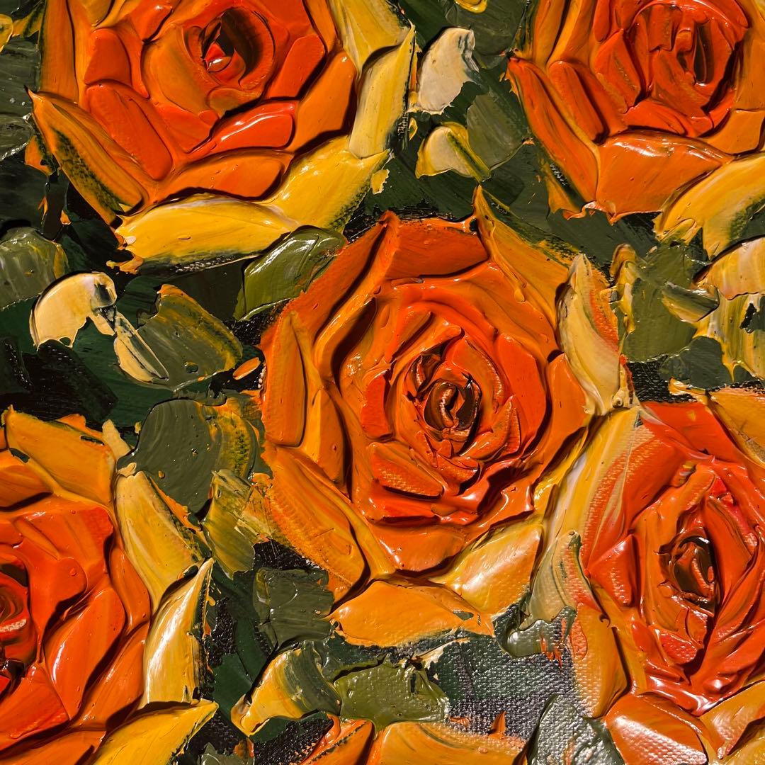 ★特大秀作★ 手書き油絵 イエローローズ 肉筆絵画 額付き インテリア 油彩画