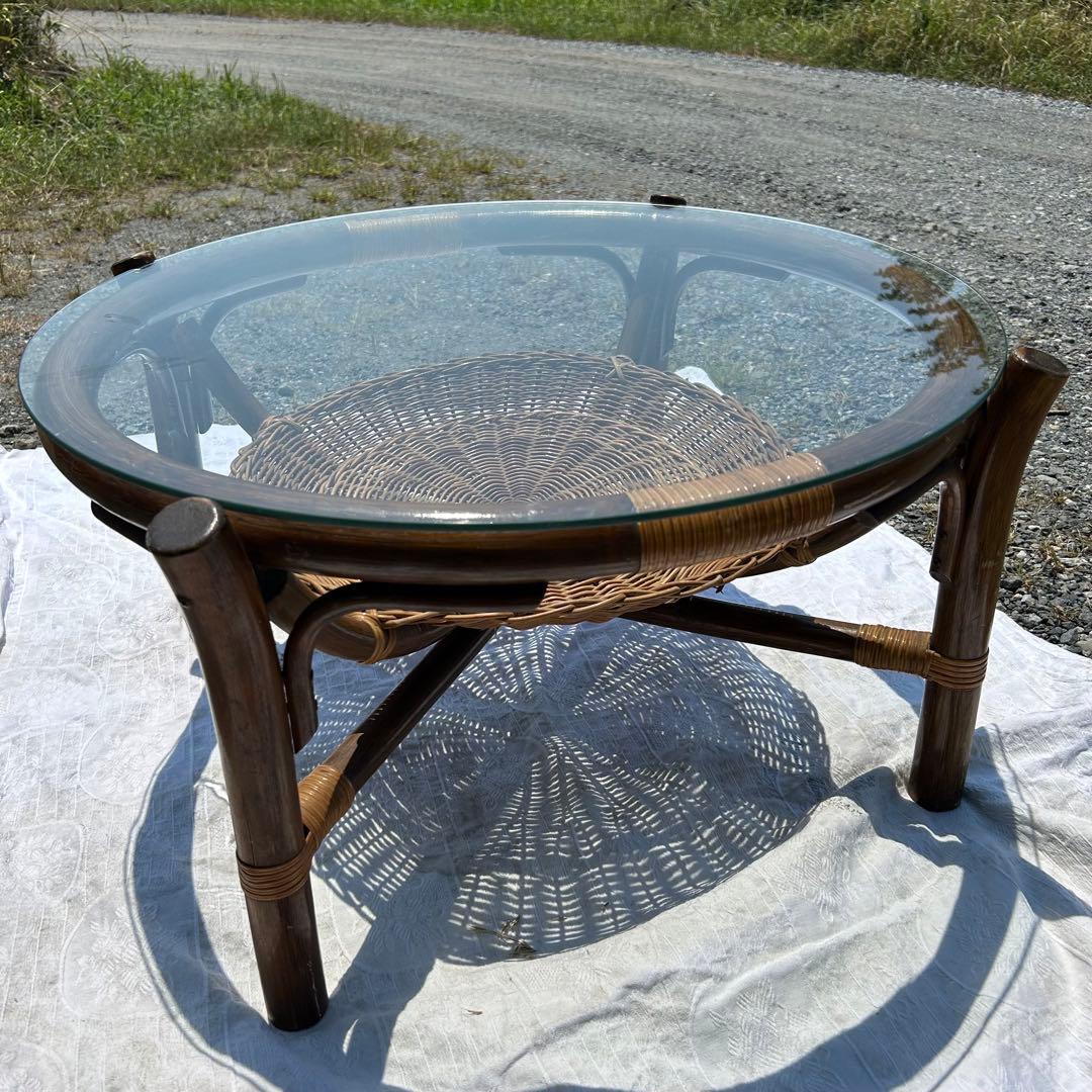 ラタン　ガラス　センターテーブル　リビングテーブル　70cm アジアンテイスト