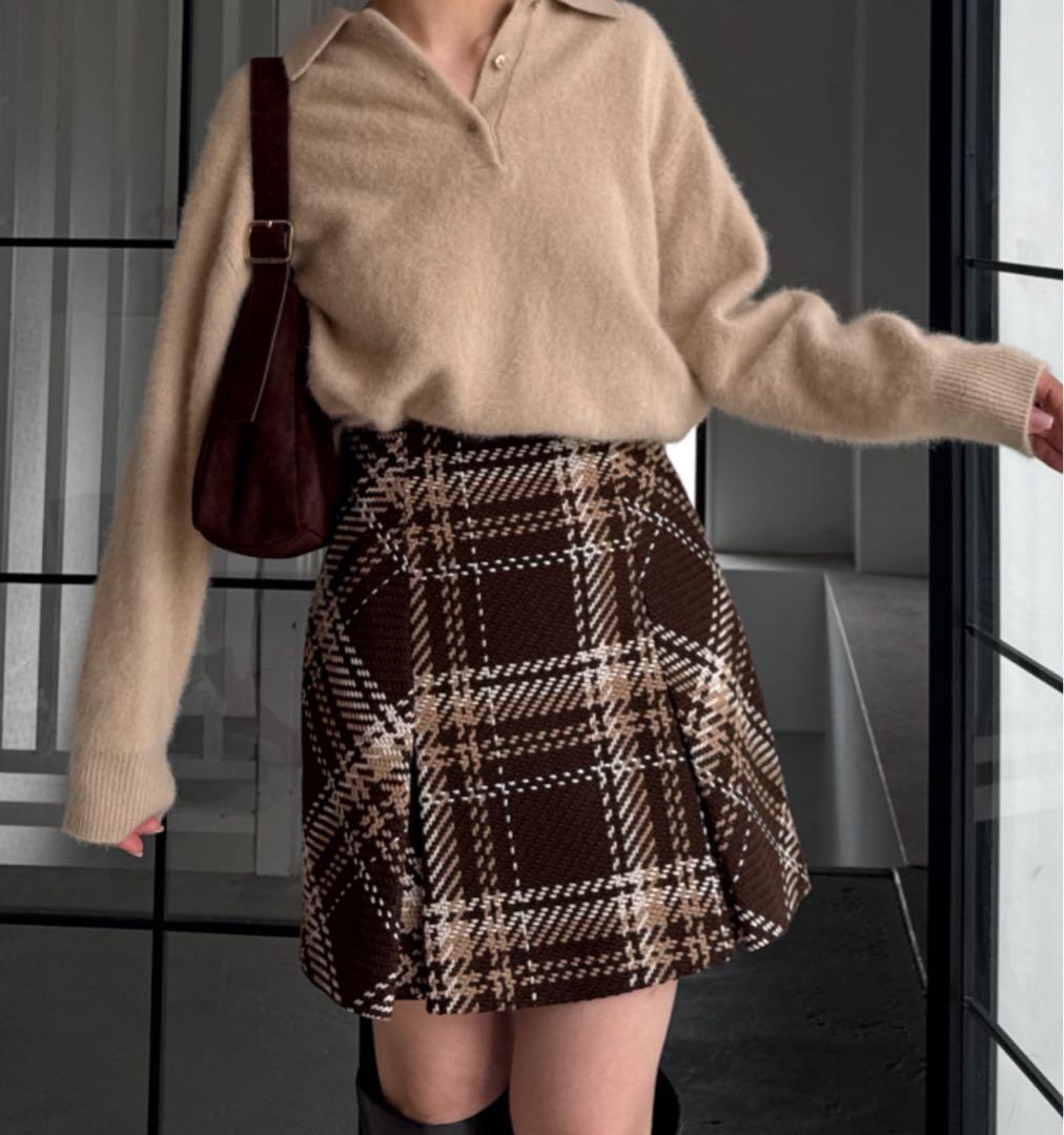 Sustainableロービングチェックミニスカート　ブラウン
