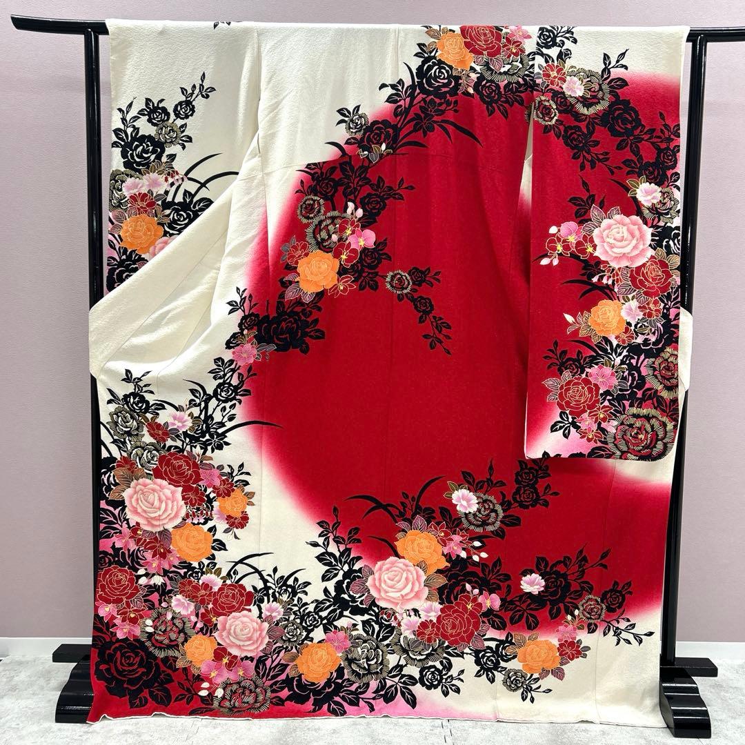 《美品》振袖　単品 A No.403 白赤ラメ　中振袖150〜160cm