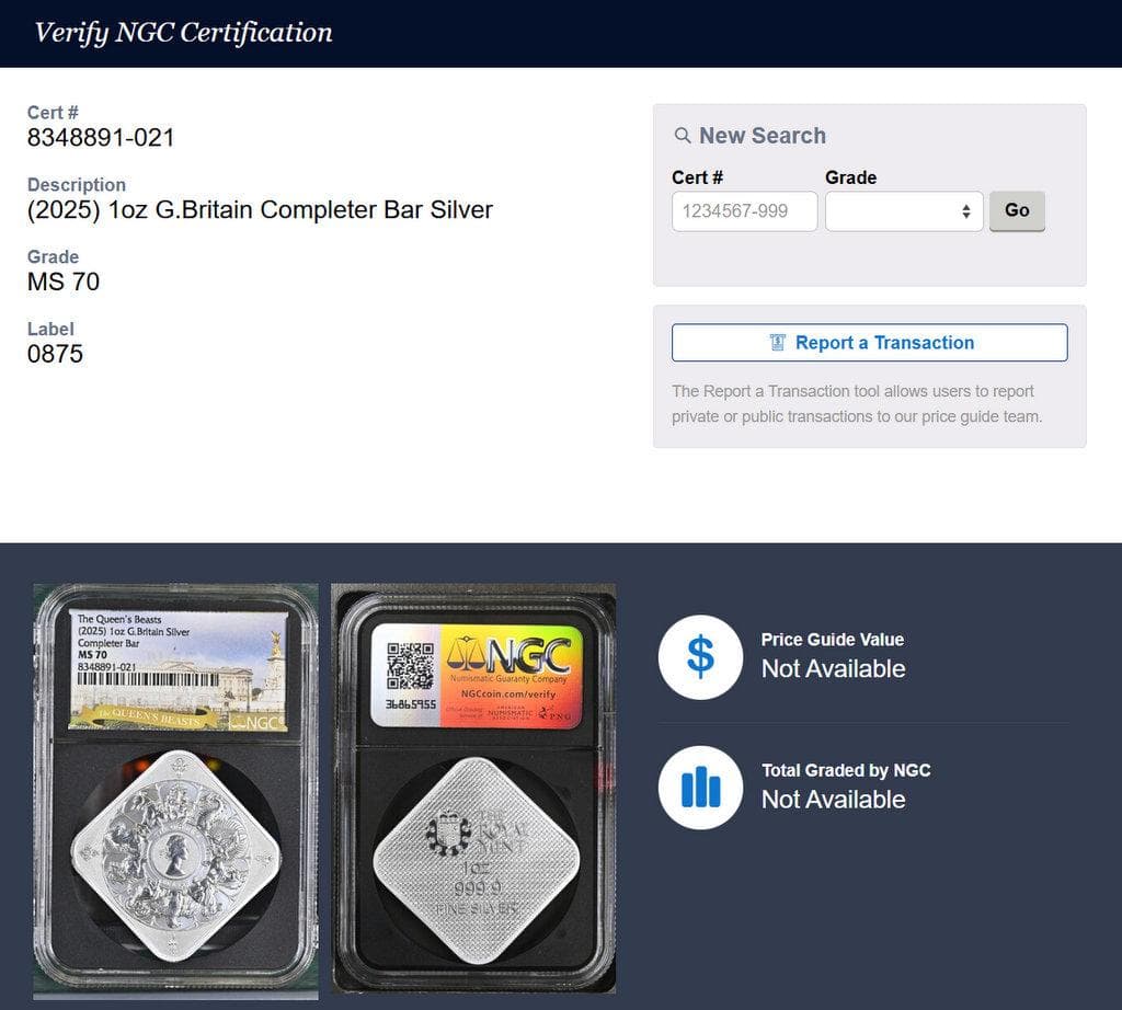 2025年イギリス クイーンズビースト コンプリータシルバーバーNGC MS70