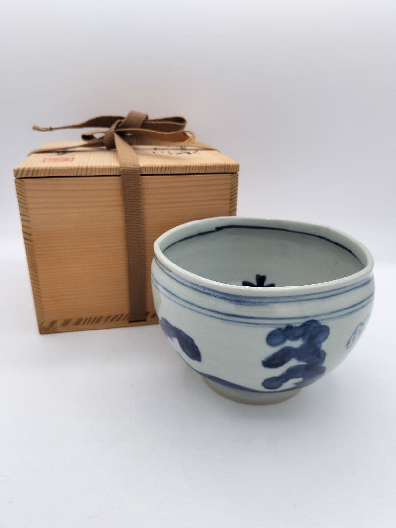 c444 建水 五角形 染付 桜川 水野菊晃 木箱 茶道具 古物