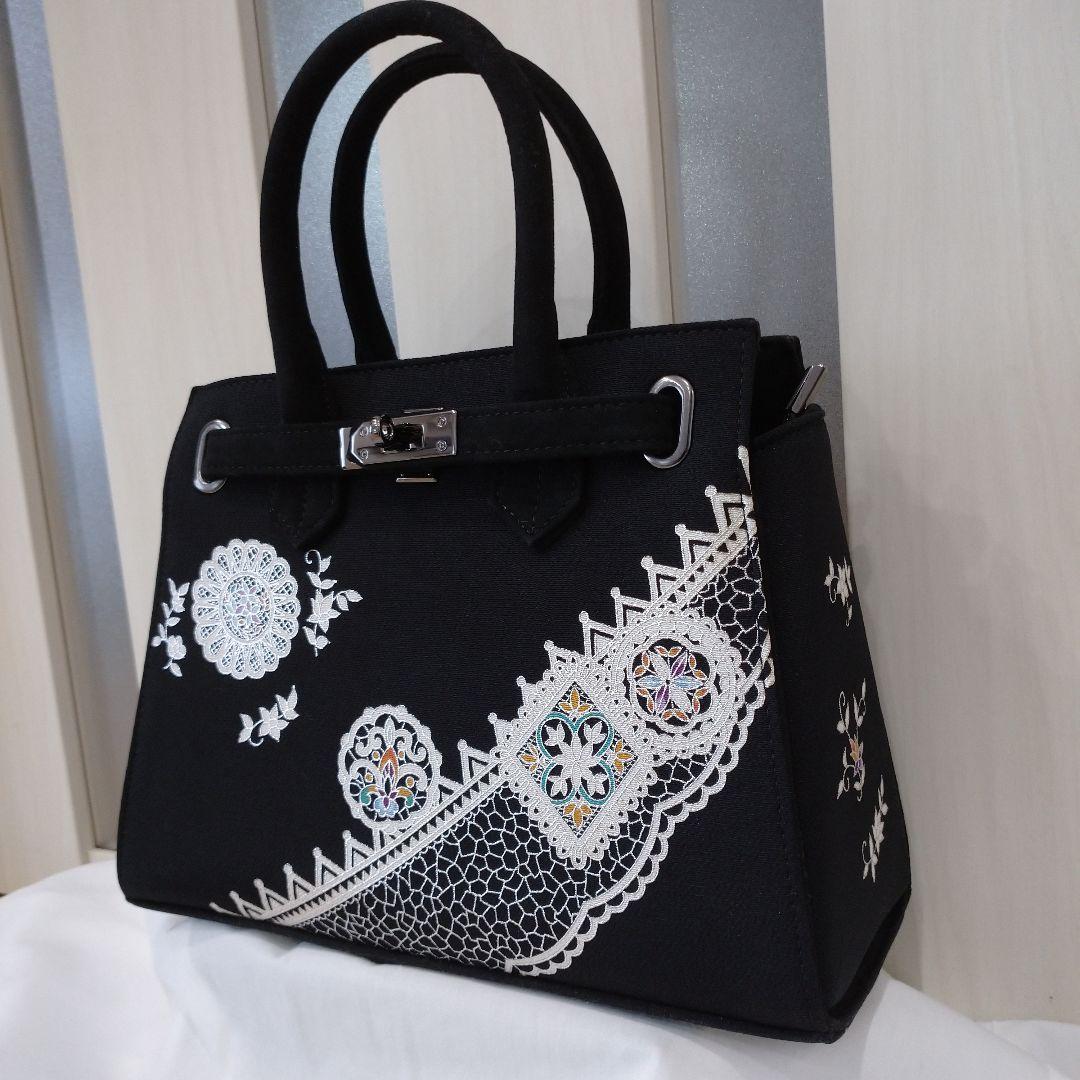 OKAJIMA 岡重 ハンドバッグ 鞄 手提げ 刺繍 黒 和装