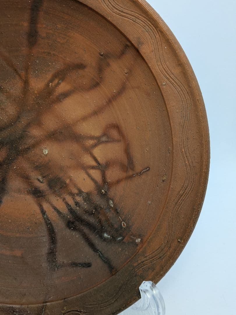 岡山県重要無形文化財 伊勢崎満 備前焼 緋襷皿 共箱栞 直径30cm 食器 盛皿