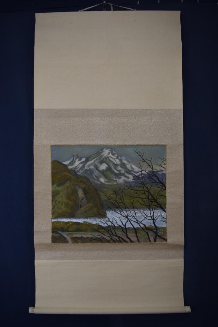 英靖/早春図/山湖図/春景風景図/岩絵具/横物/掛軸☆宝船☆Z-344