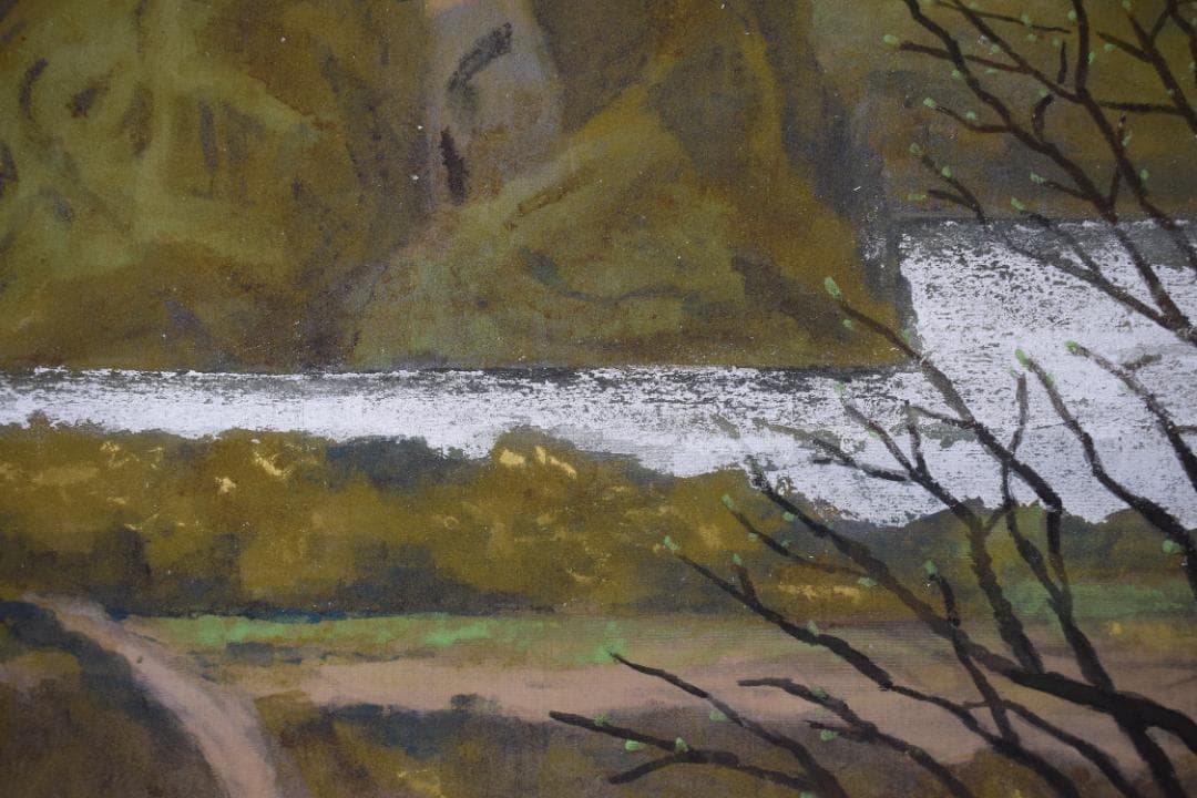 英靖/早春図/山湖図/春景風景図/岩絵具/横物/掛軸☆宝船☆Z-344