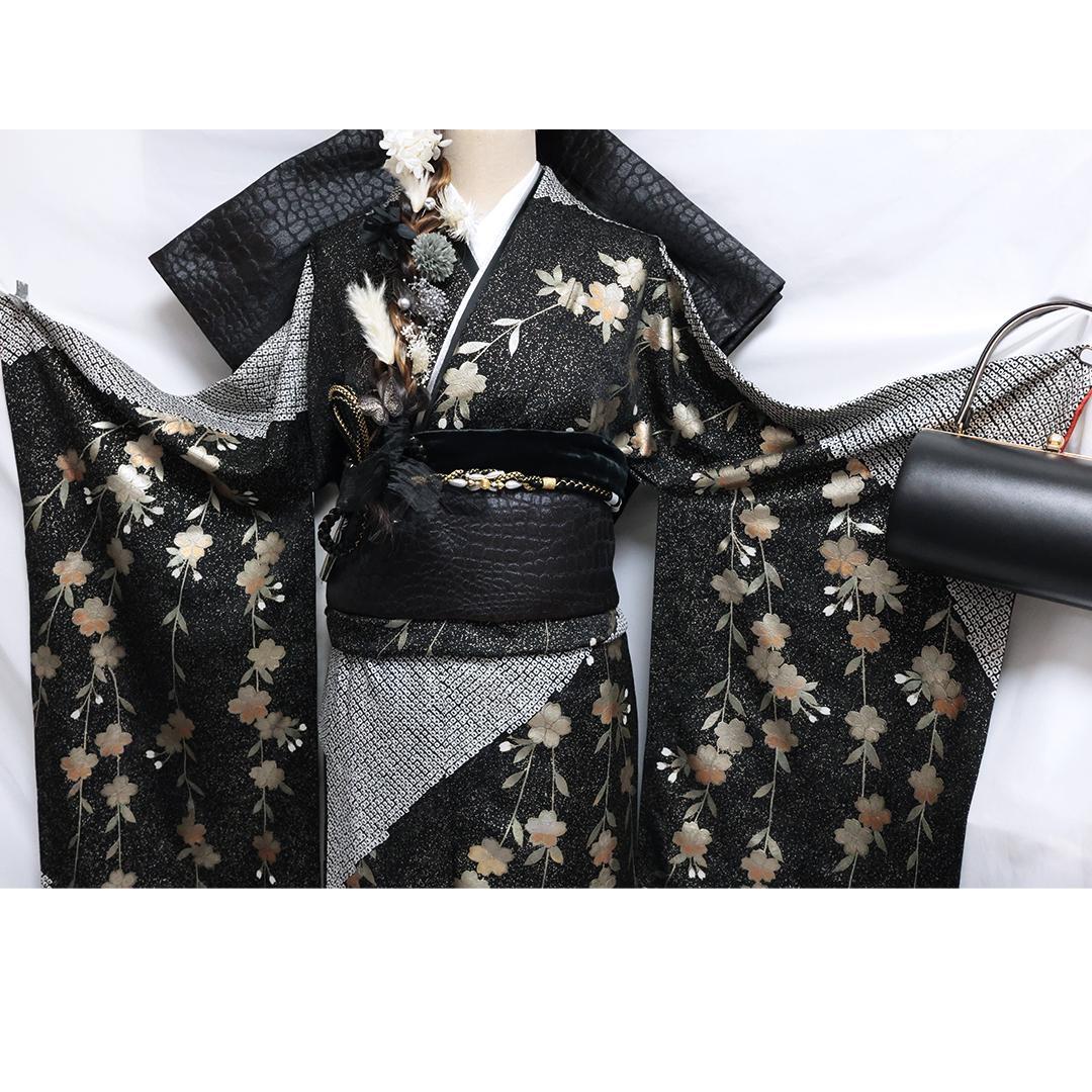 【良好】◆ 振袖6点セット ◆丈165cmフルセット黒帯新品成人式絞りTu49