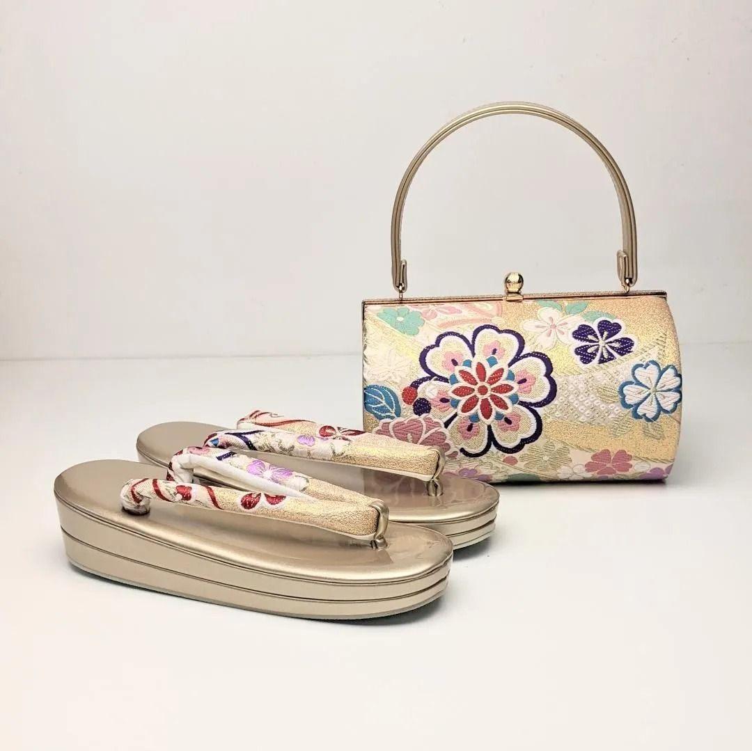 草履バッグセット 振袖用 帯地 ゴールド 桜 フリーサイズ w49-8
