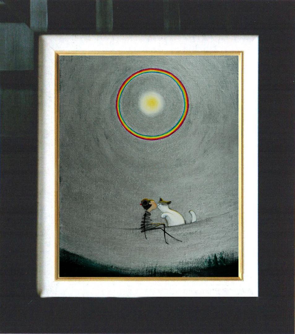 油絵 菅家令子 絵 絵画 インテリア 額付(黒) F3-031019子猫と女の子