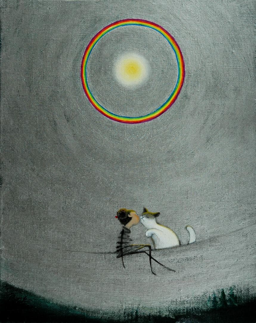 油絵 菅家令子 絵 絵画 インテリア 額付(黒) F3-031019子猫と女の子