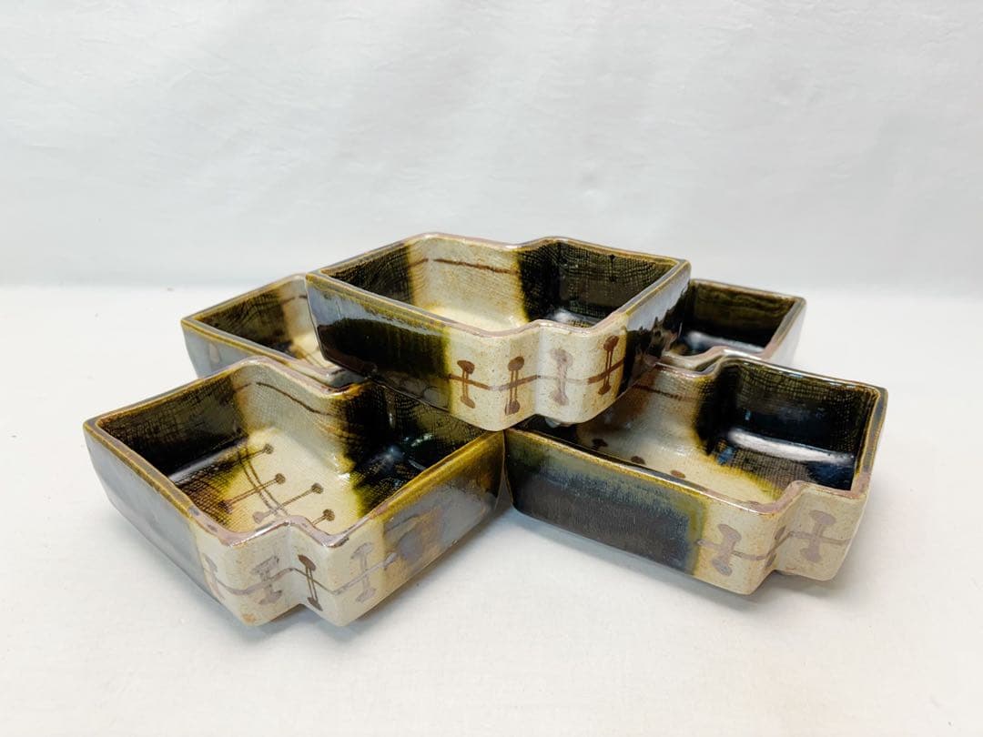 未使用 茶道具 加藤作助造 誰袖 織部 向付 5客組 足付小鉢 銘々皿 印 共箱