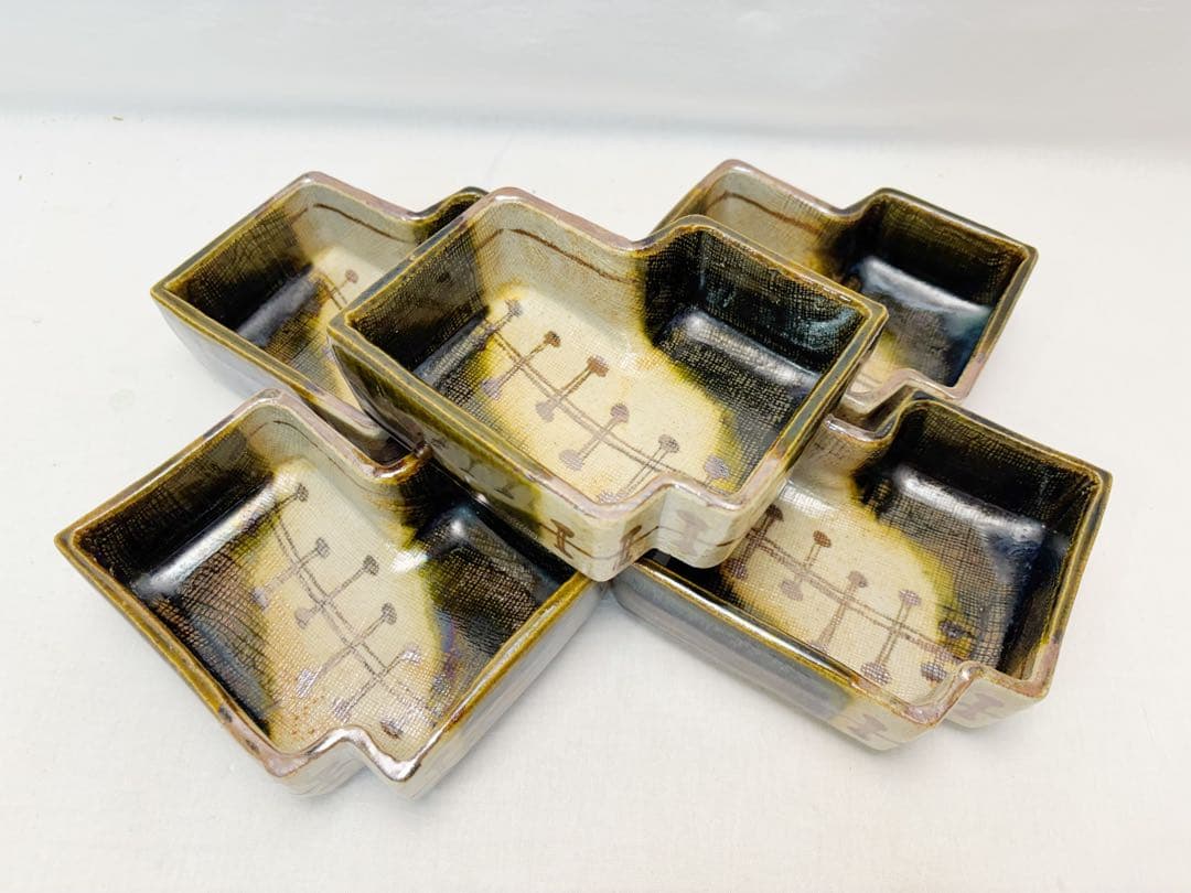 未使用 茶道具 加藤作助造 誰袖 織部 向付 5客組 足付小鉢 銘々皿 印 共箱