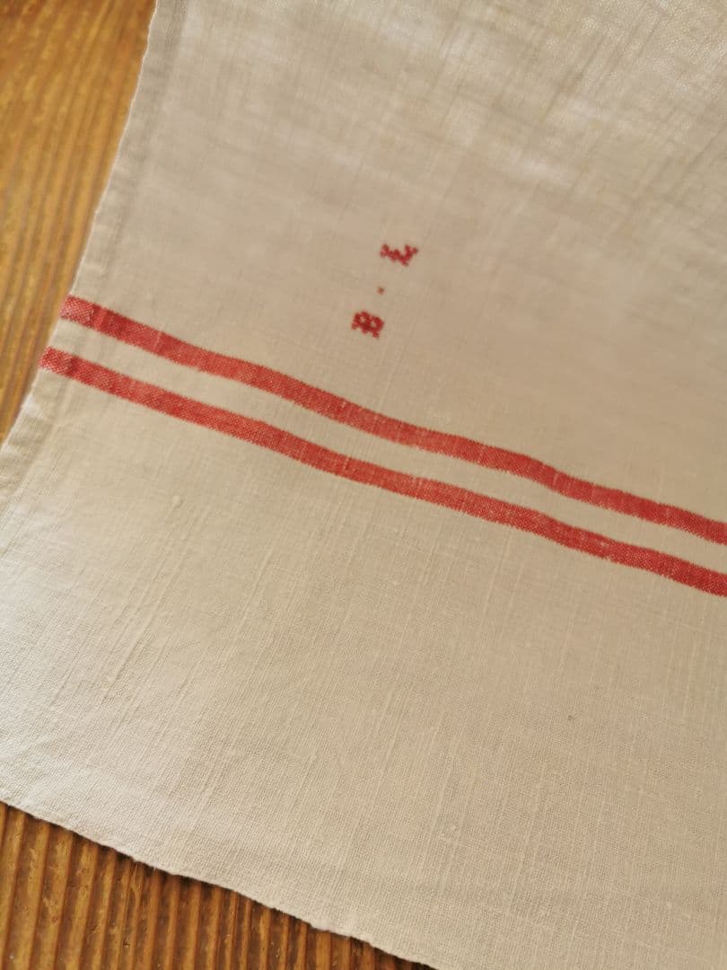 アンティークフランス ダブルレッドライン ホームスパンリネン大判クロス ＢＬ刺繍