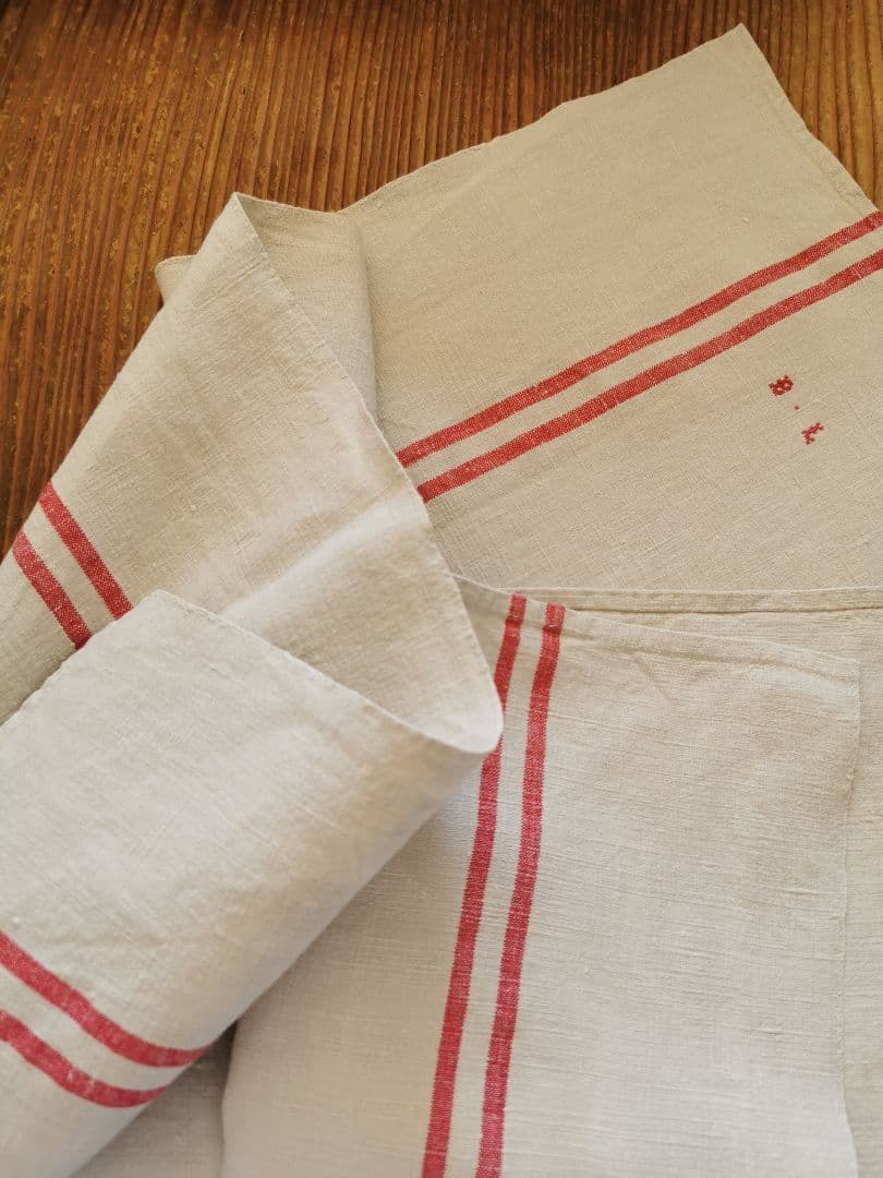 アンティークフランス ダブルレッドライン ホームスパンリネン大判クロス ＢＬ刺繍