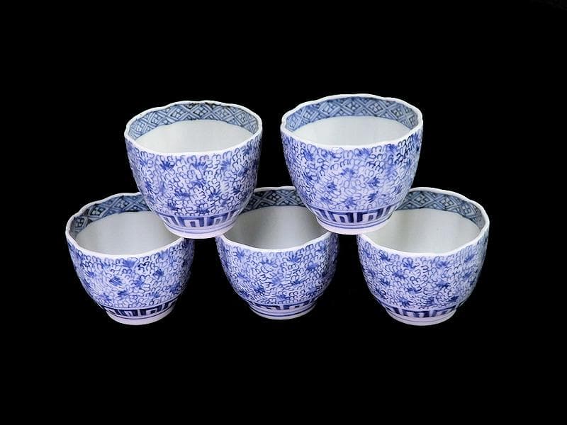 古伊万里　染付　微塵唐草　萩唐草の図　猪口　向付　５客　B015AS-CSj