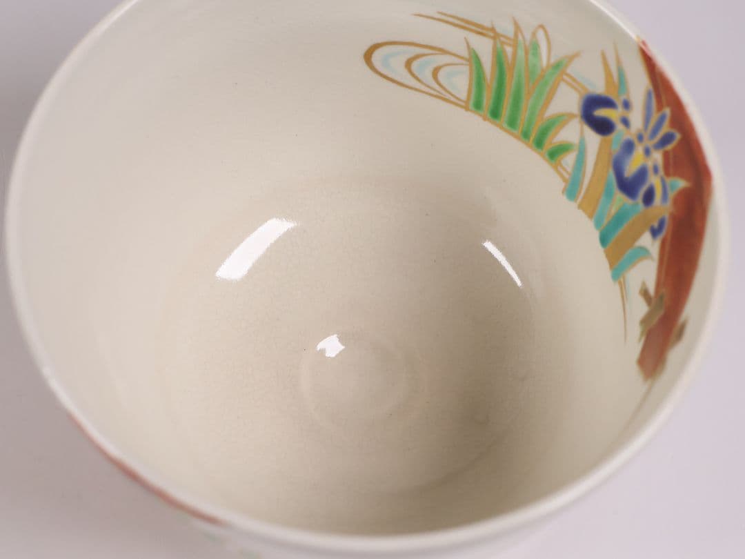 茶道具 平安桐鳳(手塚桐鳳) 仁清八ツ橋 抹茶碗 共箱 京焼 杜若【MB73】