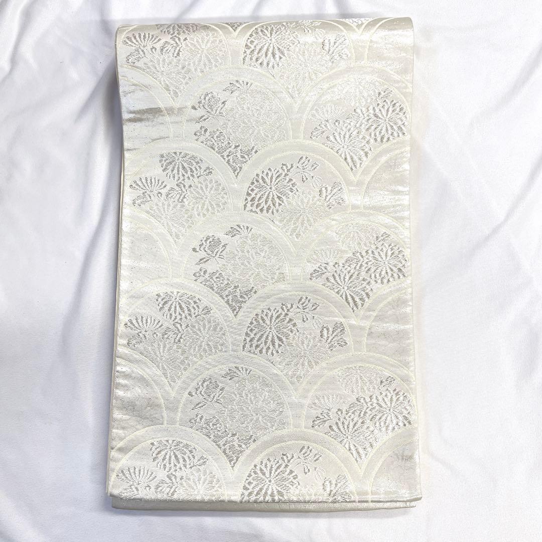 袋帯　青海波　菊花　牡丹　銀糸　シルバー　着物　帯　023k