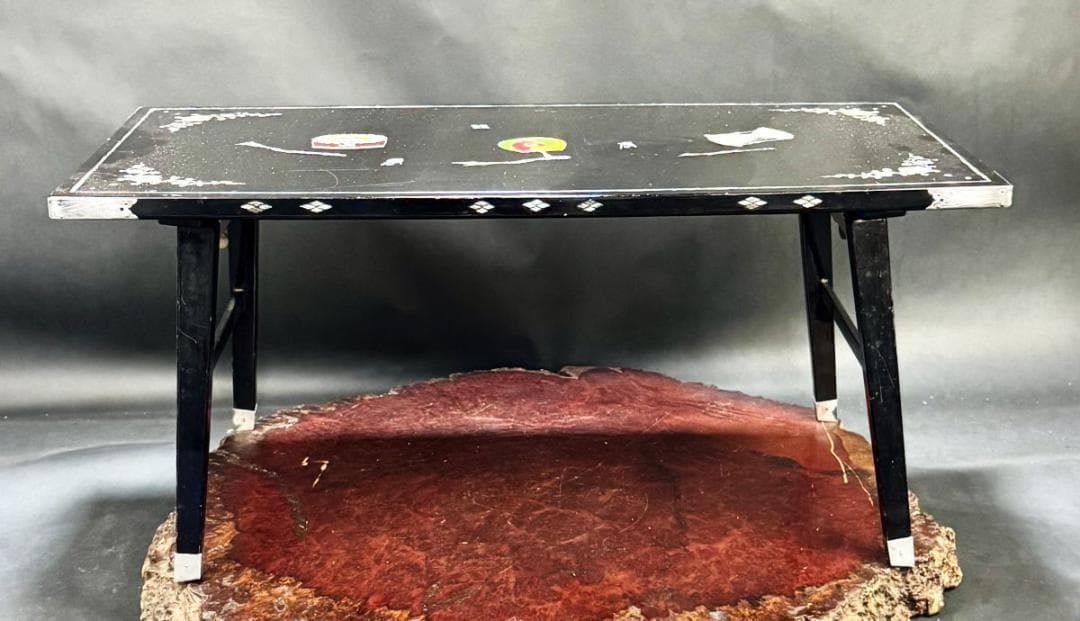 時代物 黒漆 木製青貝螺鈿装飾折り畳み式座卓 伝統工芸 唐木 茶道WWWT115