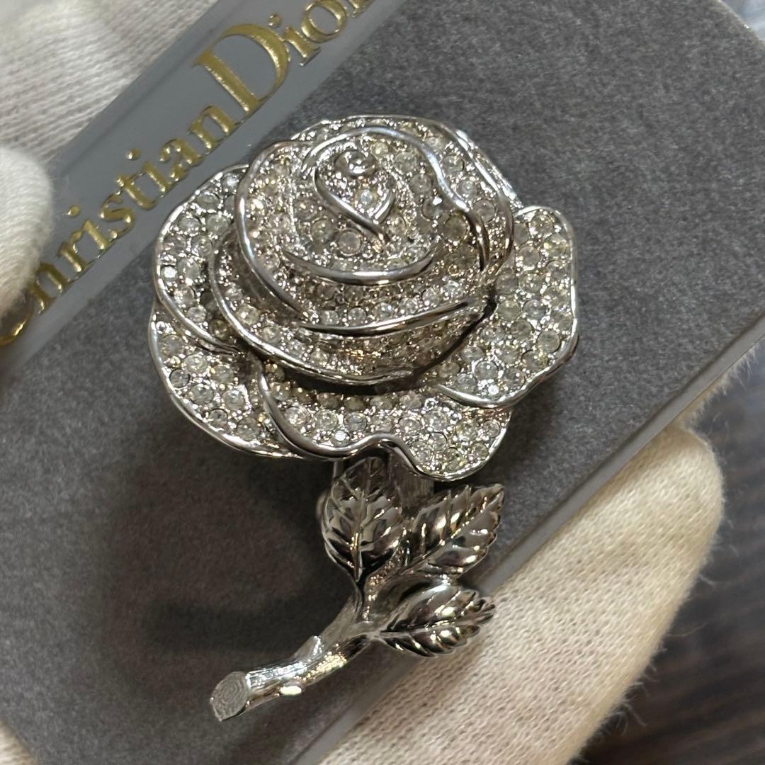 ［激レア　未使用級］ディオール　薔薇　シルバー　ラインストーン　ブローチ
