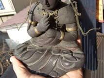 古い木製仏像　本格漆　金箔　蓮坐　時代あり　蓮座に金箔
