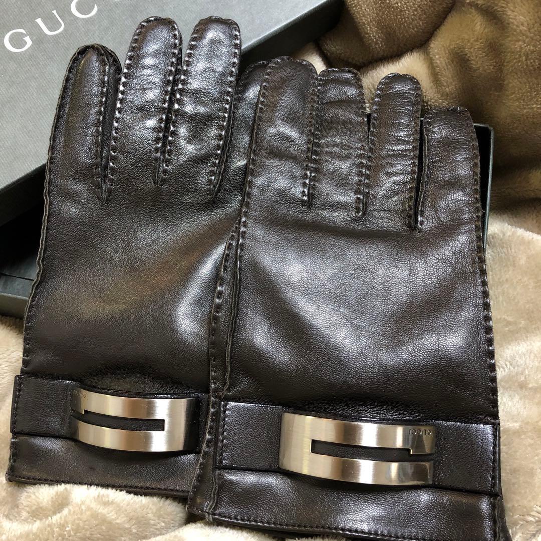 GUCCI レザー手袋 ブラウン 金属バックル付き