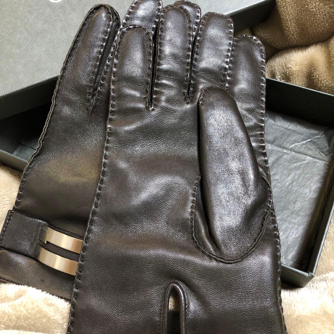 GUCCI レザー手袋 ブラウン 金属バックル付き