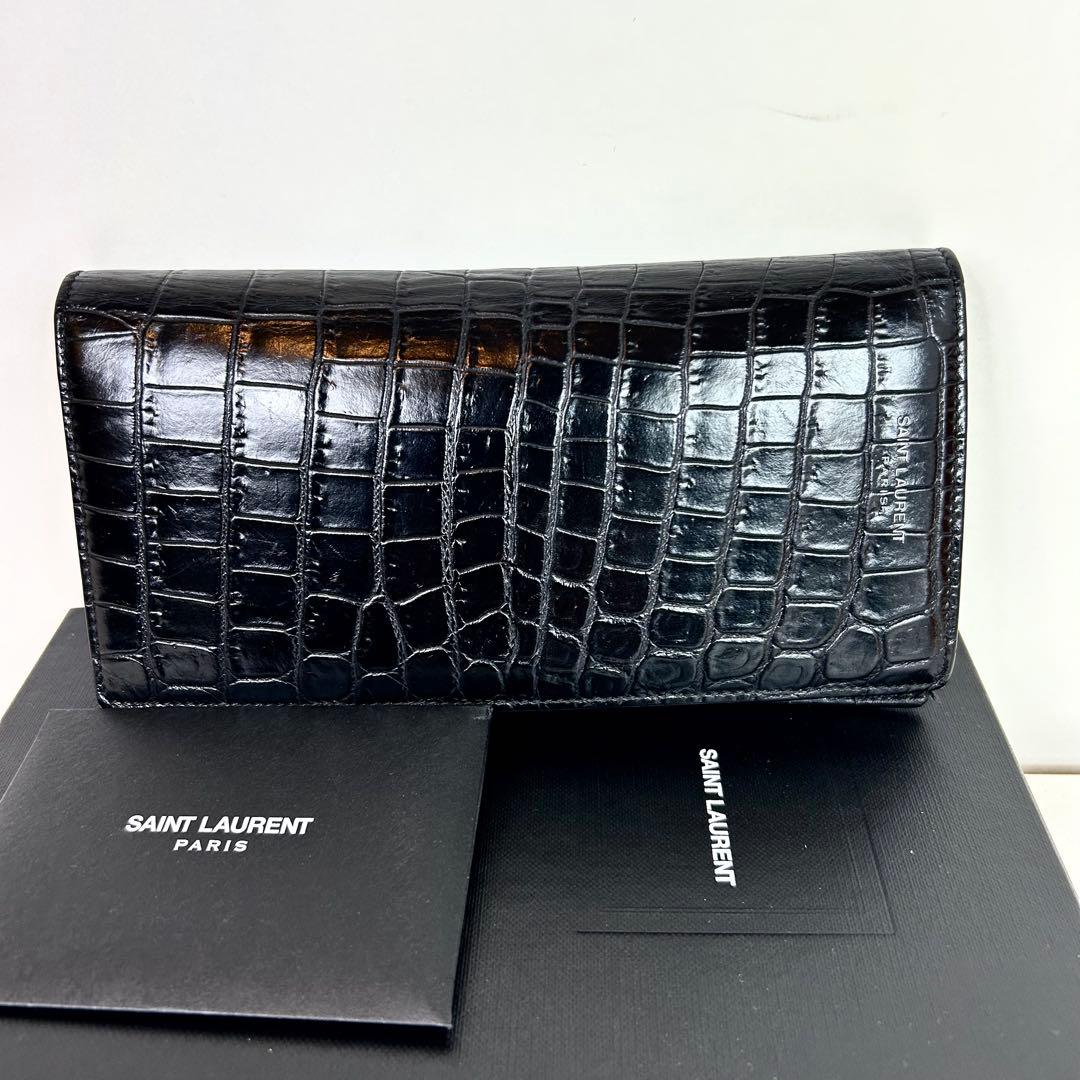 【たかえもん　付属品完備】サンローラン 長財布 黒 クロコ型押し レザー